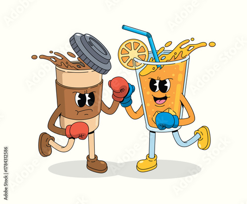 boxing coffee vs orange drink character groovy cartoon illustration