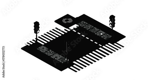 Isolated isometric view of a minimalist city intersection with traffic lights.