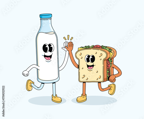 milk bottle nad sandwich high five character groovy cartoon illustration