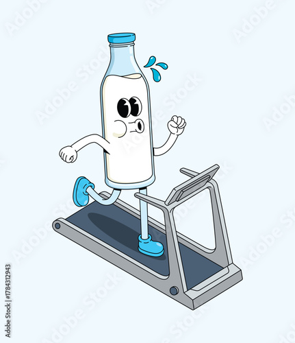 milk bottle treadmill character groovy cartoon illustration
