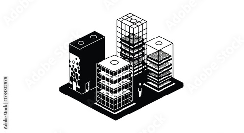Modern abstract architectural design with interconnected buildings and a solitary figure.