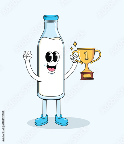 milk bottle trophy character groovy cartoon illustration