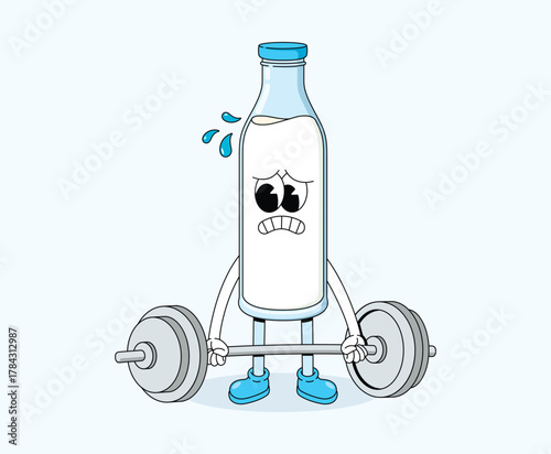 milk bottle hard weightlifting character groovy cartoon illustration