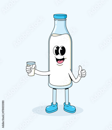 milk bottle thumbs up character groovy cartoon illustration
