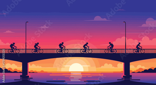 Silhouetted cyclists ride across a bridge against a vibrant sunset sky, perfect for a fitness or travel themed project