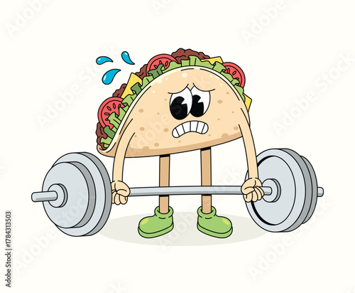 taco hard weightlifting character groovy cartoon illustration