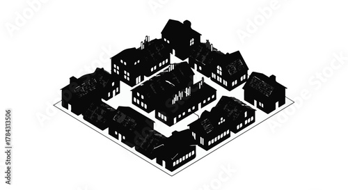 Abstract aerial view of a dark, silhouetted neighborhood with houses arranged in a square pattern, evoking urban planning and community.