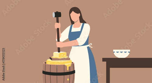 Woman making cheese in a wooden barrel with a hammer, demonstrating traditional food preparation techniques