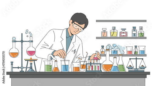 Scientist carefully conducting experiment with colorful liquids in glassware at lab bench for medical research and scientific advancements