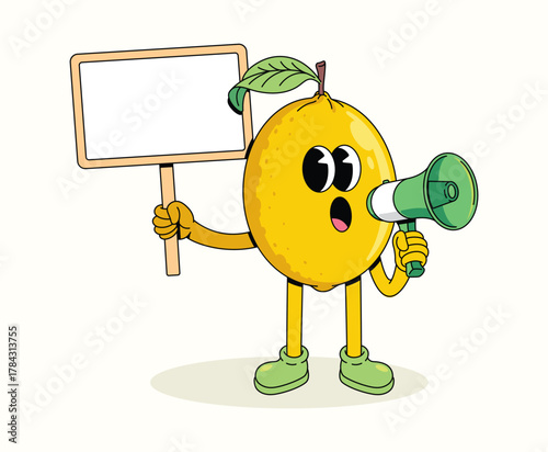 lemon megaphone character groovy cartoon illustration