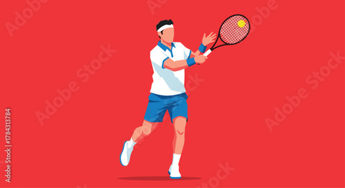 Dynamic tennis player hitting ball with racket on red background for sports, fitness, and healthy lifestyle campaigns