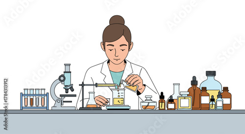 Professional scientist working in lab, mixing chemicals for research experiment with microscope and glassware on table
