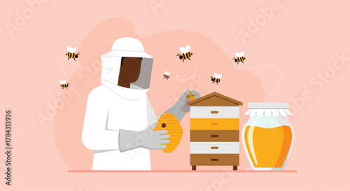 Beekeeper tending to vibrant honeycombs in apiary with buzzing bees and golden honey jar for sustainable agriculture
