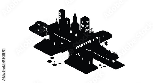 Modern city skyline silhouette merged with airplane wings for travel concept