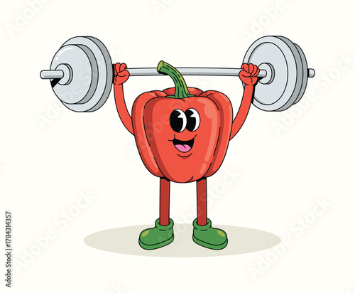 bell pepper weightlifting character groovy cartoon illustration