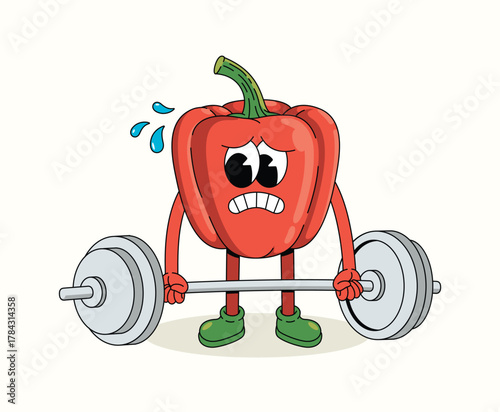 bell pepper hard weightlifting character groovy cartoon illustration