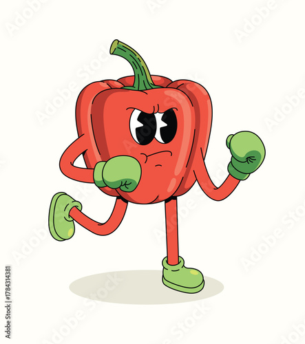 bell pepper boxer character groovy cartoon illustration