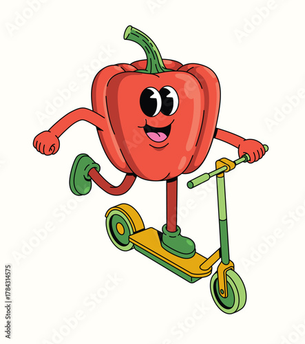 bell pepper kick scooter character groovy cartoon illustration