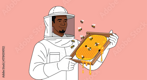 African American beekeeper inspecting honeycomb with bees for sustainable honey business and healthy lifestyle