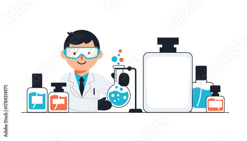 Scientist happily doing chemistry research with flask and colorful chemical solutions in a lab setting flat design