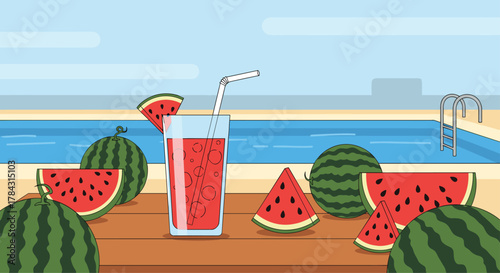 Enjoy refreshing watermelon juice by the pool for a vibrant summer vibe that is perfect for pool party promotions
