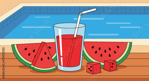 Refreshing watermelon juice by the pool, perfect for summer relaxation and vibrant poolside lifestyle designs