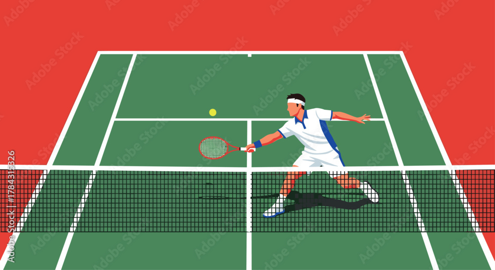 Fototapeta premium Dynamic tennis player striking a forehand on a vibrant court with net, perfect for sports marketing and athletic campaigns