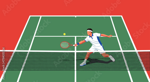 Dynamic tennis player striking a forehand on a vibrant court with net, perfect for sports marketing and athletic campaigns