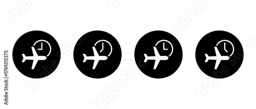 Airplane time icon in black circle. Flight and clock symbol. Travel schedule and departure sign