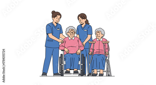 Compassionate nurses caring for elderly patients with mobility aids in a supportive environment promoting well being