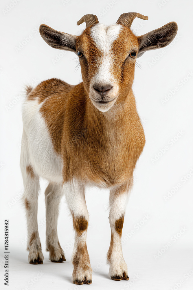 Obraz premium Full body of a tan goat with horns standing on a white background, goat standing full body view isolated on a transparent background animal farm animal