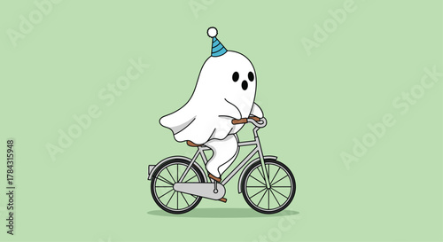 Spooky cute ghost rides a bicycle wearing a festive party hat perfect for Halloween celebrations and themed designs