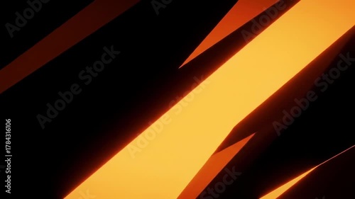 A dark background with several glowing orange geometric shapes in diagonal arrangement, creating a sense of movement