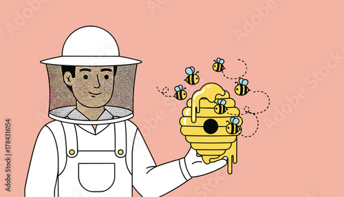 Man in beekeeping suit holding dripping honeycomb with adorable bees buzzing around, a sweet honey harvest