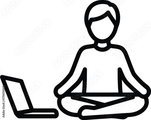 Person meditating with laptop isolated on transparent background for relaxation