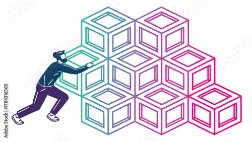A man pushes a stack of interconnected cubes, , symbolizing effort, teamwork, and problemsolving in a modern design