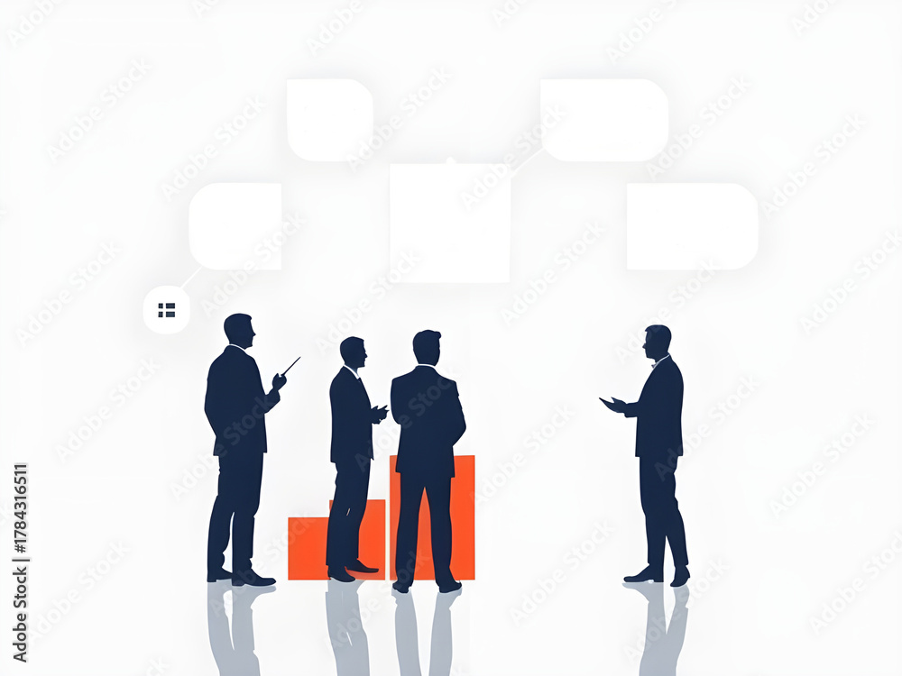 Fototapeta premium A minimalist infographic showcasing a business meeting with silhouettes of four men