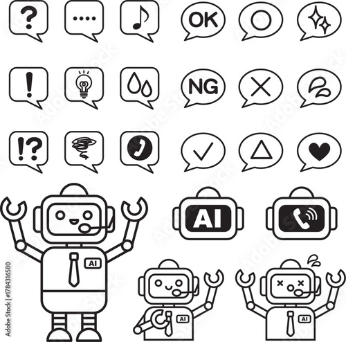 Simple line drawing AI robot and various emotion speech bubble icons (monochrome)
