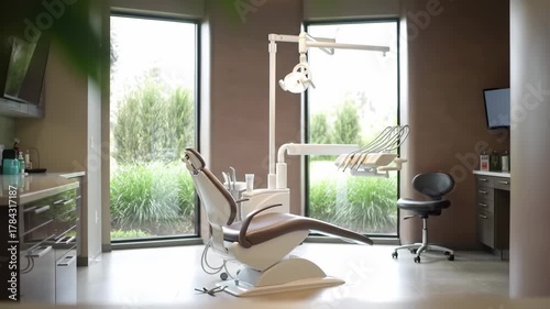 A dental office interior is viewed through leafy greens, focusing on the chair, light, and equipment near windows with greenery