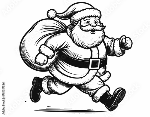 Santa Claus Running with Sack - Black and White Illustration.