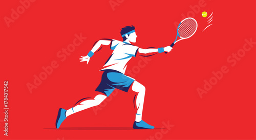 Energetic tennis player hitting the ball with power on vibrant red, sports illustration for dynamic marketing campaigns