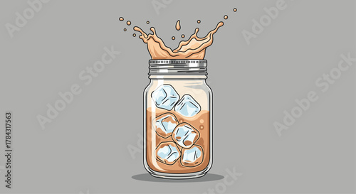 Iced latte splash in mason jar, vibrant drink illustration for summer menus and cafe promotions, cool beverage