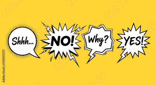 Comic Speech Bubbles: Shhh, No, Why, Yes