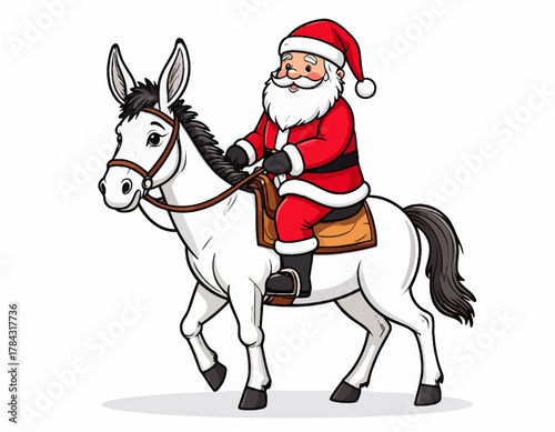 Santa Claus Riding a Donkey - Christmas Cartoon Illustration.
