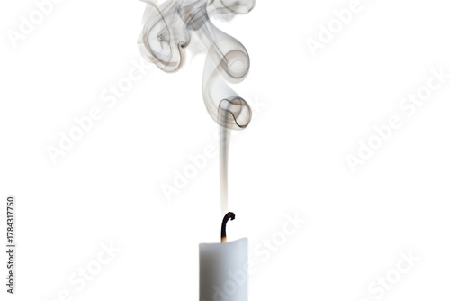 A white candle with smoke rising from the wick, isolated on transparent background