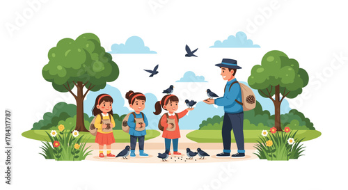 Enjoyable outing for kids and adult feeding birds in the park on a beautiful sunny day, spreading joy and nature appreciation