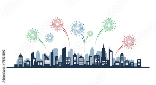 Vibrant fireworks exploding over modern city skyline, celebrating holiday events and festive occasions with colorful sparks