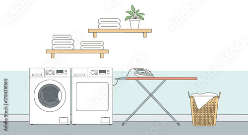 Modern laundry room with washer, dryer, ironing board, and towels for a fresh, clean aesthetic in your home