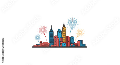 Celebrate city life with fireworks over modern buildings in the skyline on a vibrant holiday, perfect for event marketing