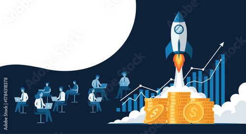 Team launching innovative startup for financial growth and business success with rocket and gold, perfect for entrepreneurs